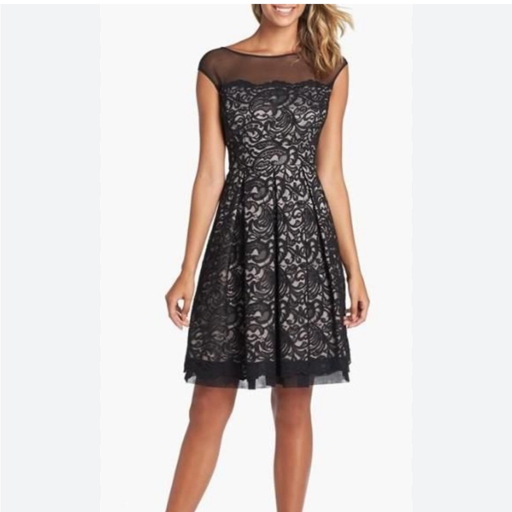 Eliza J black lace cocktail illusion yoke dress. Size 6